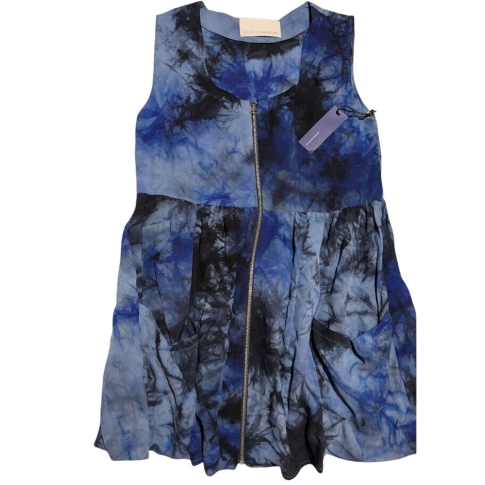 Rebecca Minkoff Tie Dye Dress Sleeveless Zip Front Pockets Blue Sz S‎ 100% Silk